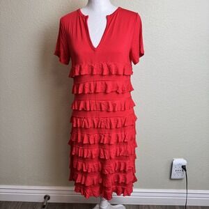 Colleen‎ Lopez Boho Tiered Ruffle Shift Dress Coral Red V-Neck Short Sleeve XS